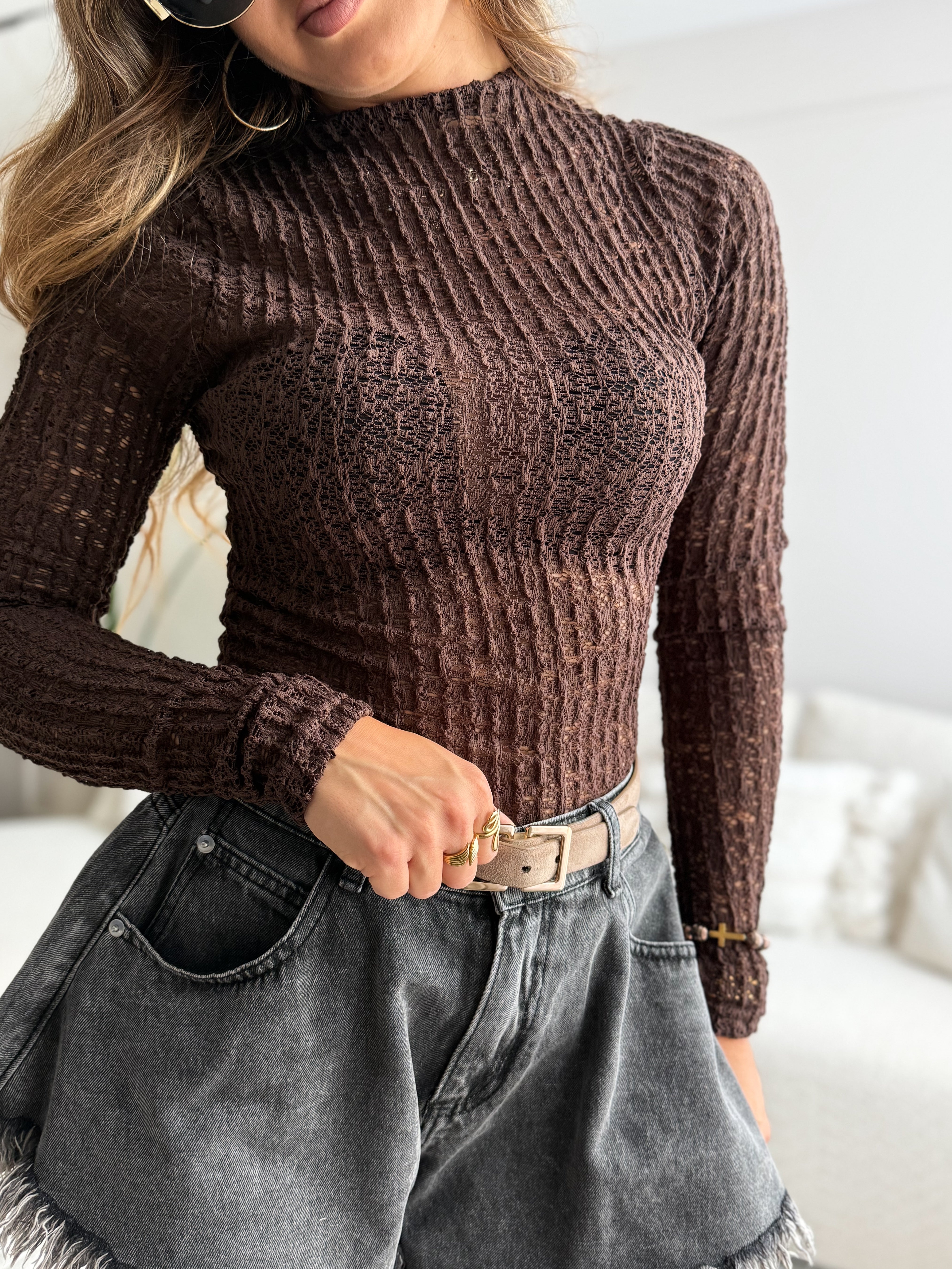 Amira Crochet Blouse Longsleeve Brown