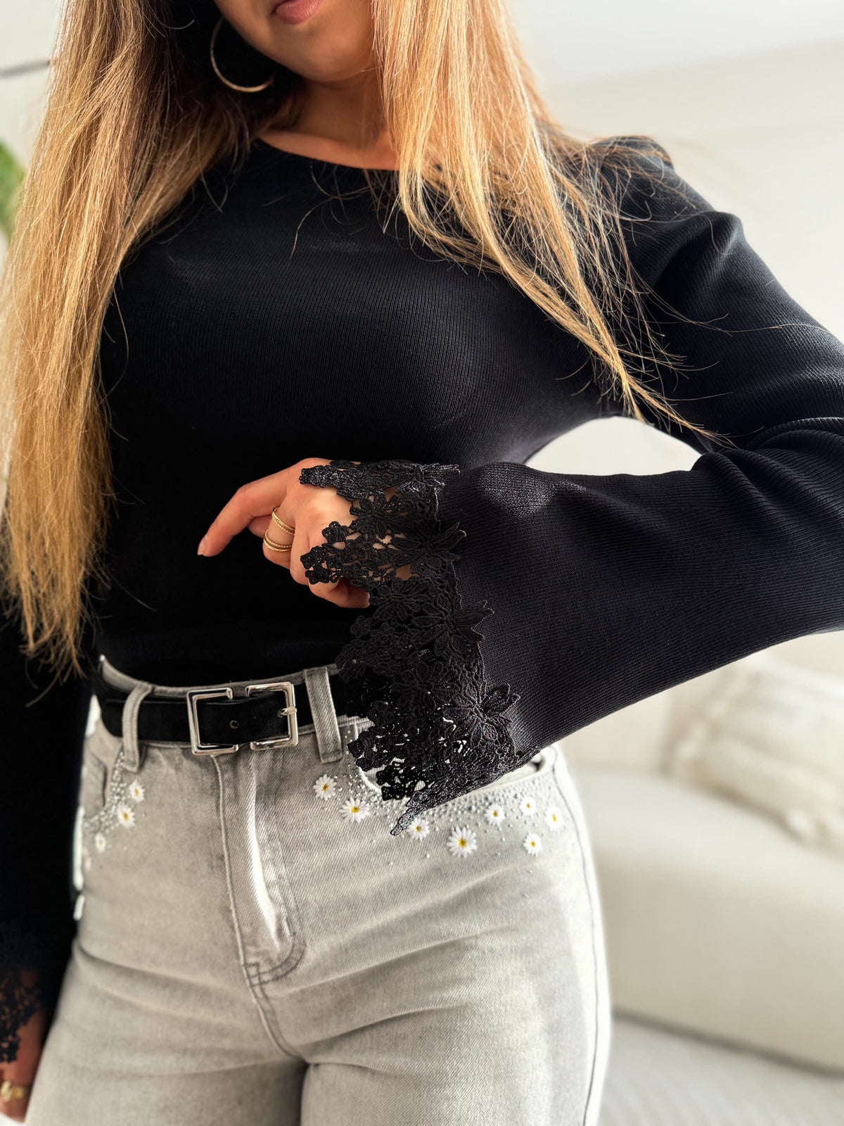 Lacey Ribbed Top Black