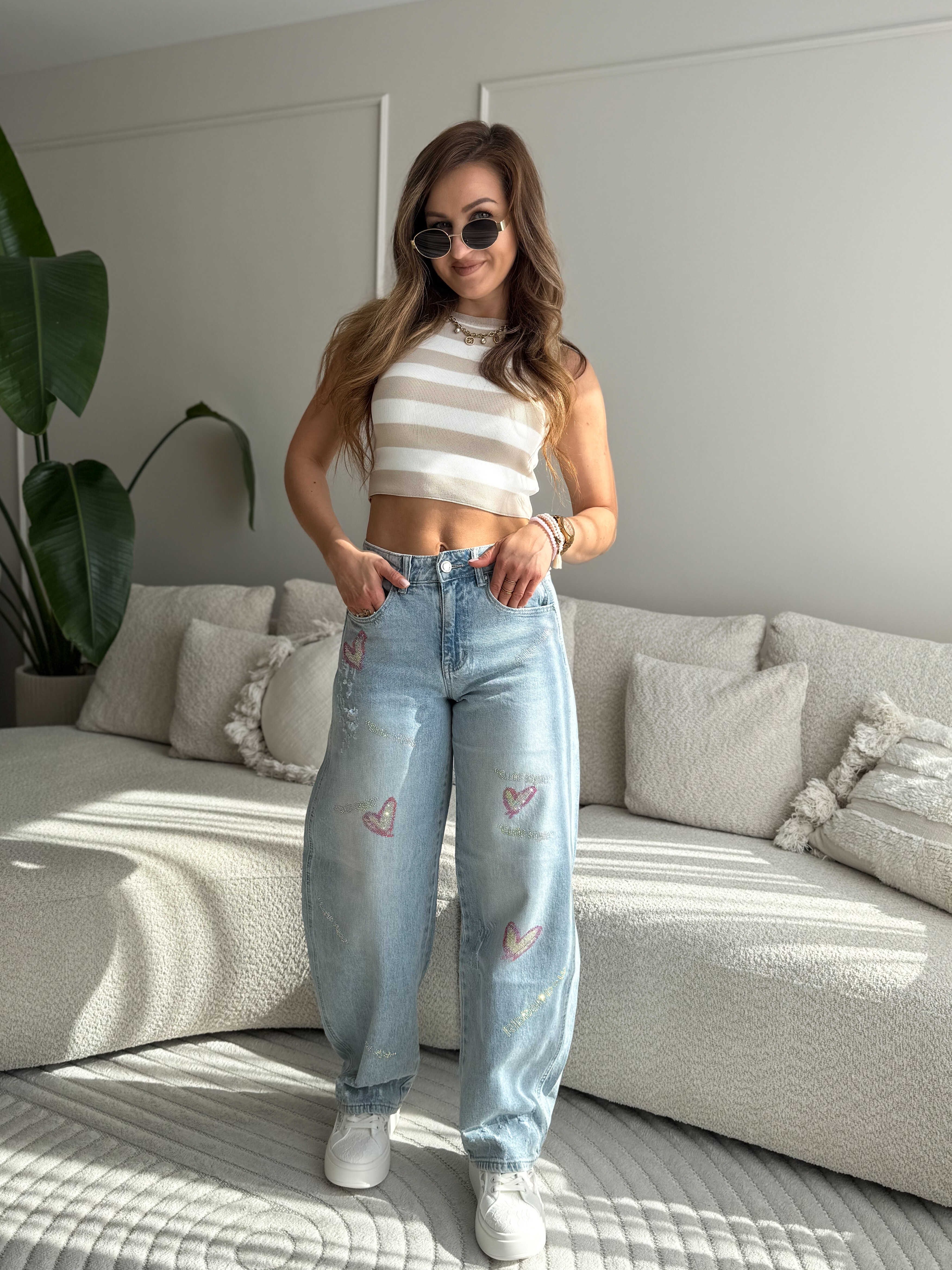 Crystal hearts barrel jeans